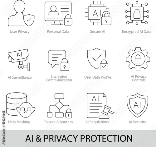 AI & Privacy Protection Icons – 12 Editable Line Icons for Data Security, User Privacy, and AI Regulations | Vector Set in AI, EPS, SVG | Designed in Adobe Illustrator