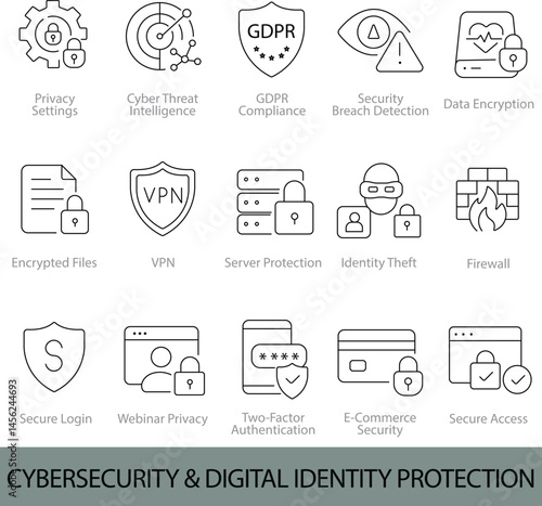 Cybersecurity & Digital Identity Protection Icons – 12 Editable Line Icons for Security, Data Protection, and GDPR Compliance | Vector Set in AI, EPS, SVG | Designed in Adobe Illustrator