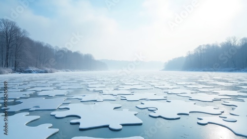 Frozen Lake Winter Landscape Jigsaw Ice Pieces on Water Snow Covered Trees