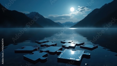 Serene Moonlight Night Puzzle Pieces Floating on Tranquil Lake Mountain View