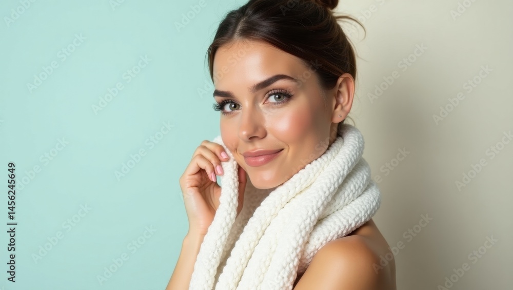 Twisted loop towel. Emotional Intimate Moment. Female woman model isolated background. Woman wraps herself in twisted, intimate moment of conversation while wearing white scarf alone. Twisted loop towel. Emotional Intimate Moment. Female woman model isolated background. Woman wraps herself in twisted, intimate moment of conversation while wearing white scarf alone.