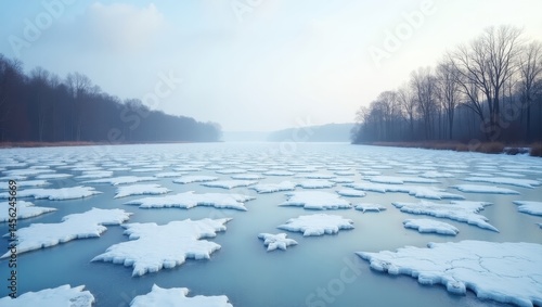 Serene Winter Landscape Frozen Lake with Ice Floes and Trees