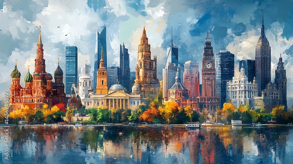 Obraz premium Collage of iconic world landmarks and modern skyline reflected on water high resolution photo