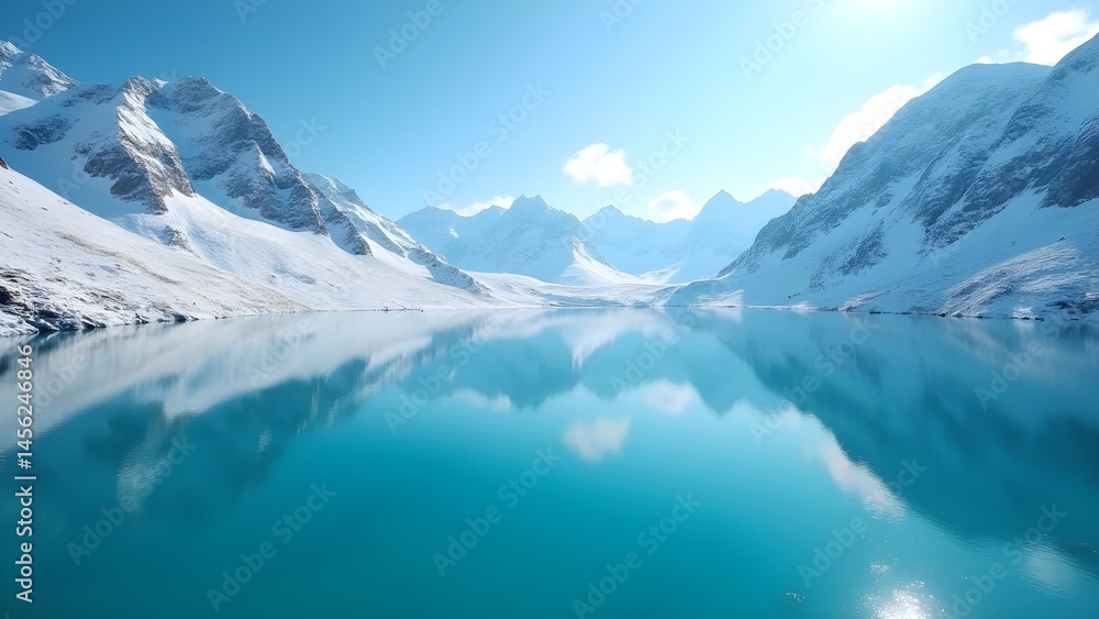 Turquoise Lake Reflecting Snowy Mountains Under Clear Sky Winter Alpine Landscape Scenery. Turquoise Lake Reflecting Snowy Mountains Under Clear Sky Winter Alpine Landscape Scenery.