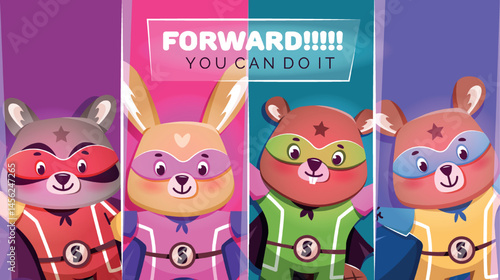 Motivational banner with colorful cartoon animals.  Bright characters to inspire and motivate children. Animal superheroes: bear, raccoon, rabbit, beaver.