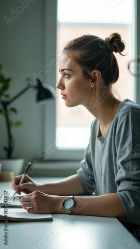 An intellectual business woman focuses on her work in an office environment, writing notes and typing on her laptop, showcasing a productive mindset.