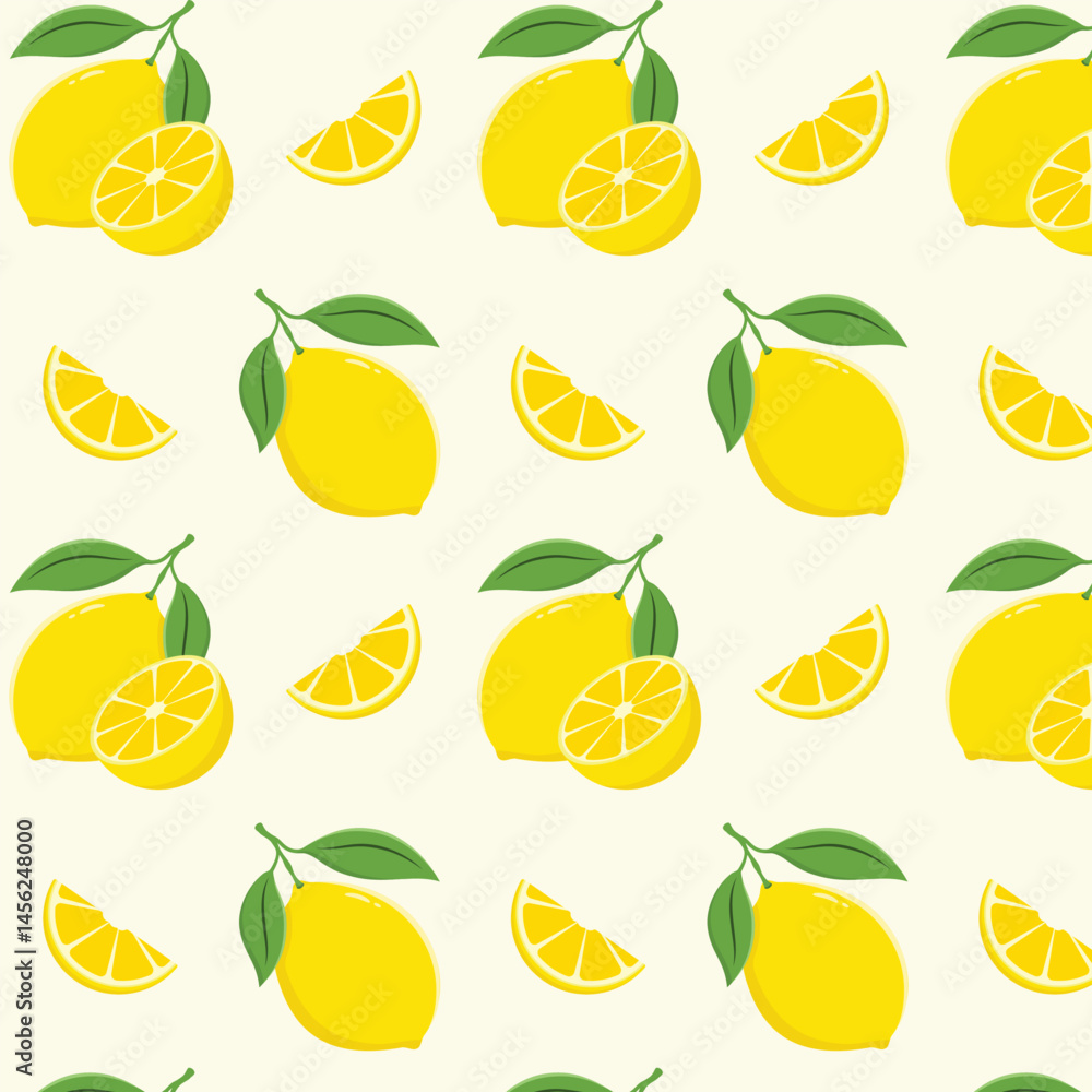 Lemons with leaves and slices seamless pattern, citrus fruit vector illustration. 