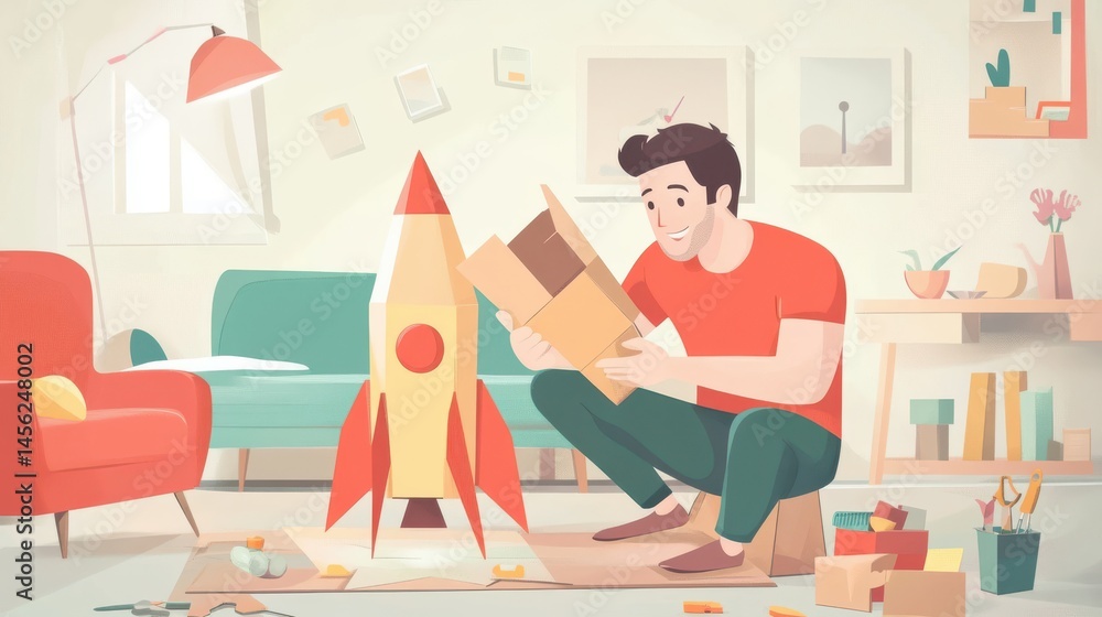 Father building a cardboard rocket ship for his child in a cozy home setting. Father building a cardboard rocket ship for his child in a cozy home setting.