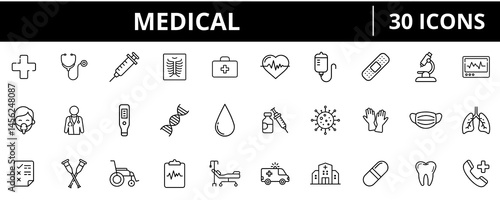 A collection of 30 clean medical outline icons in a minimal, scalable vector style.
