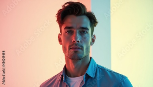 Ultrahuman. Modern masculine archetype. Male man model isolated background. Modern man stands alone in plain space, symbolizing both traditional masculinity and solitudes quiet isolation.