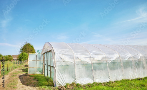 Polytunnels on an organic farm against the blue sky.