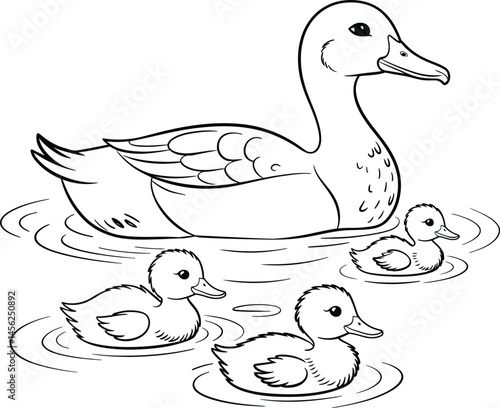 Mother Duck with Ducklings Swimming in Water Coloring Page