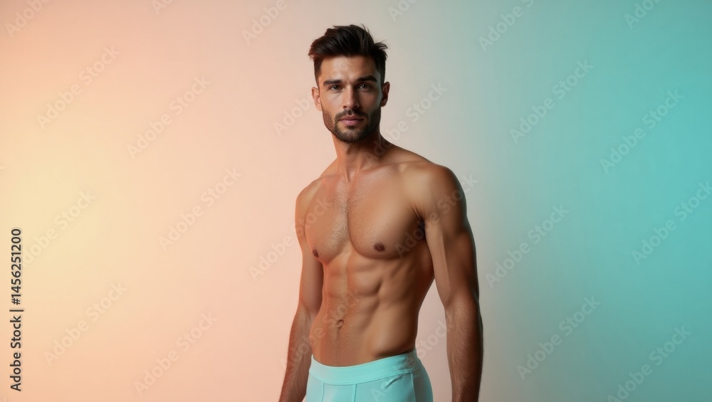 Fototapeta premium Underdays. Athletic shirtless man in turquoise shorts posing with grad