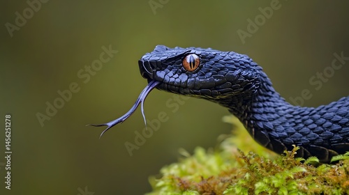 Close-up view of a striking black viper.