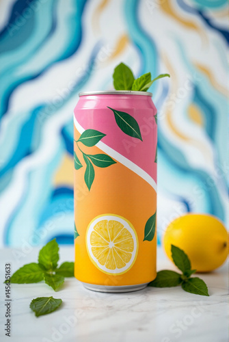 Photograph of a can of soda, surrounded by splashing lemon juice, citrus slices, and berries against a bright pink background, creating a vibrant, energetic, and refreshing visual.