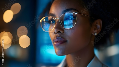 Focused young woman in eyeglasses, contemplating digital data.