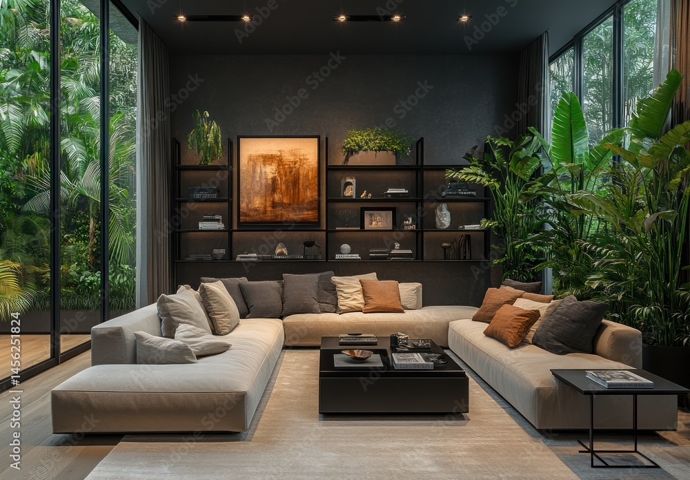 Fototapeta premium Elegant modern living room with lush plants, cozy seating, and stylish decor showcasing contemporary design and tranquility