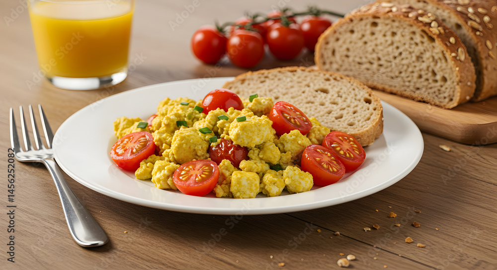 Healthy Vegan Breakfast Of Tofu Scramble With Bread And Orange Juice Healthy Vegan Breakfast Of Tofu Scramble With Bread And Orange Juice