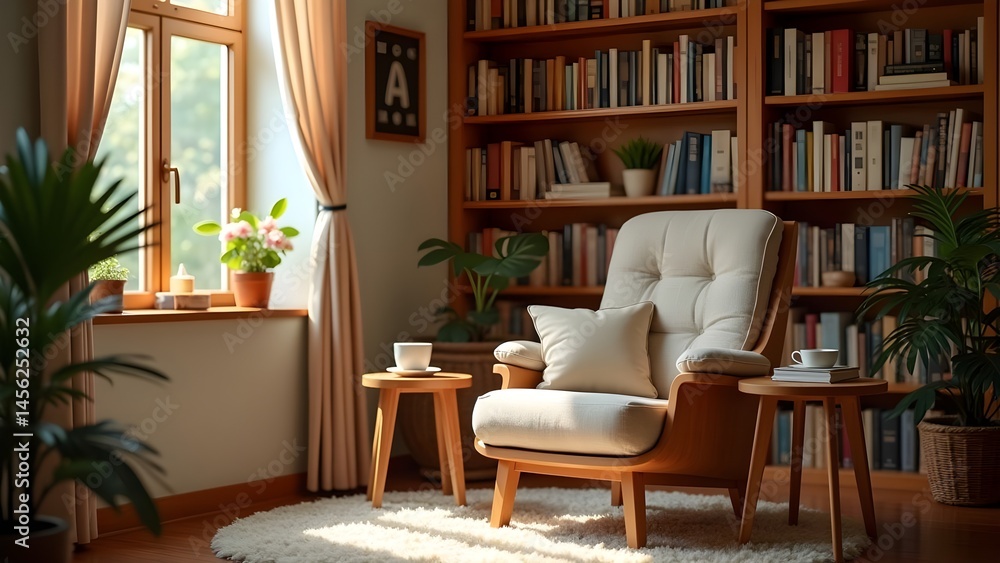 Comfortable Armchair in a Cozy Living Room with Bookshelf, Indoor Plants, and Soft Light Comfortable Armchair in a Cozy Living Room with Bookshelf, Indoor Plants, and Soft Light