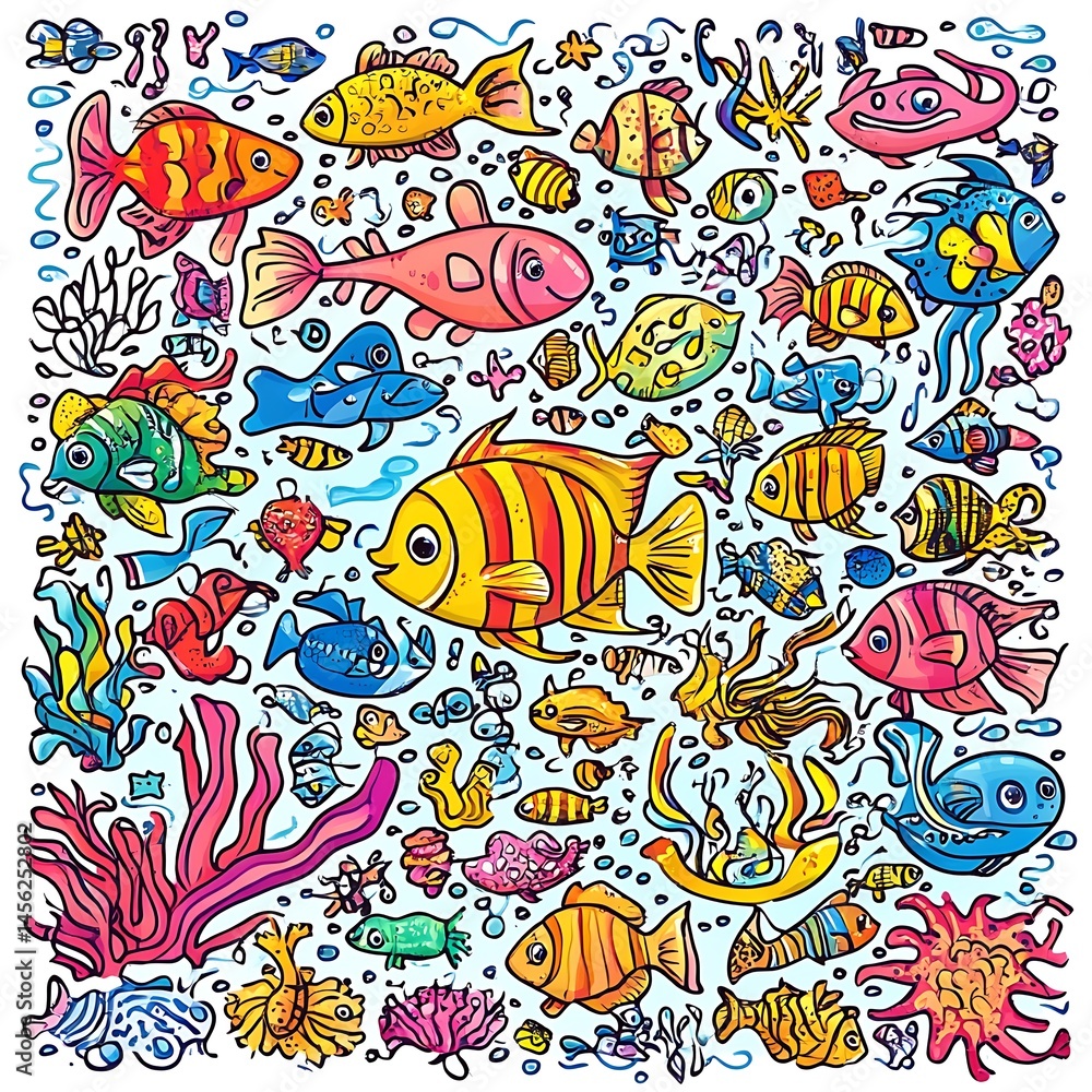 Fototapeta premium Aquatic Wonderland: A vibrant underwater scene teems with an array of cartoonish fish of diverse shapes and colors, alongside intricate coral, creating a lively ocean ecosystem.