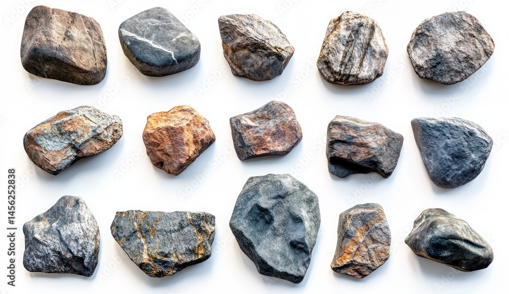 Collection of unique stones showcasing different textures and colors on a clean white background for natural composition themes Collection of unique stones showcasing different textures and colors on a clean white background for natural composition themes