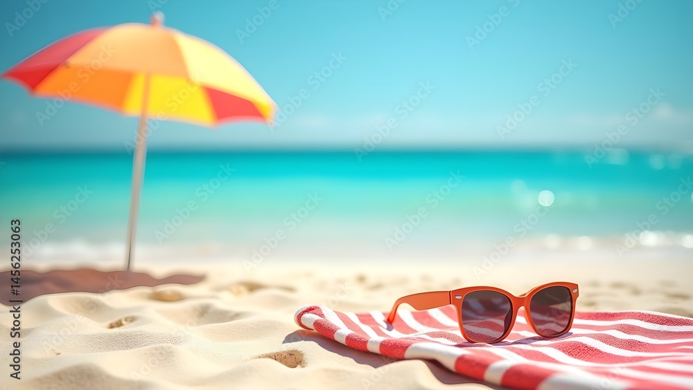 Obraz premium Beach Getaway with Umbrella, Towel and Sunglasses on Sandy Shore