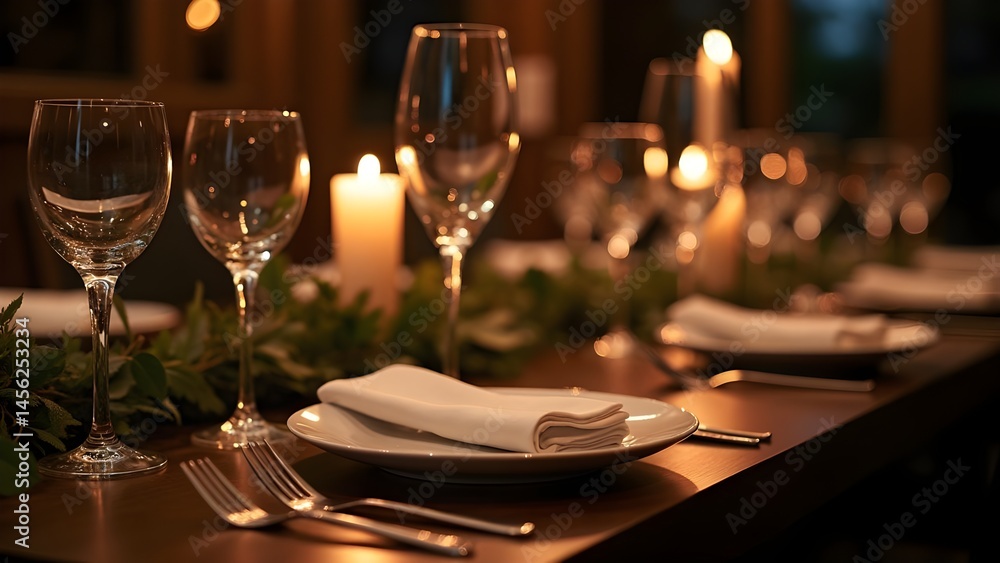Elegant Dinner Table Setting with Wine Glasses, Candles, and Green Foliage for Celebration Elegant Dinner Table Setting with Wine Glasses, Candles, and Green Foliage for Celebration