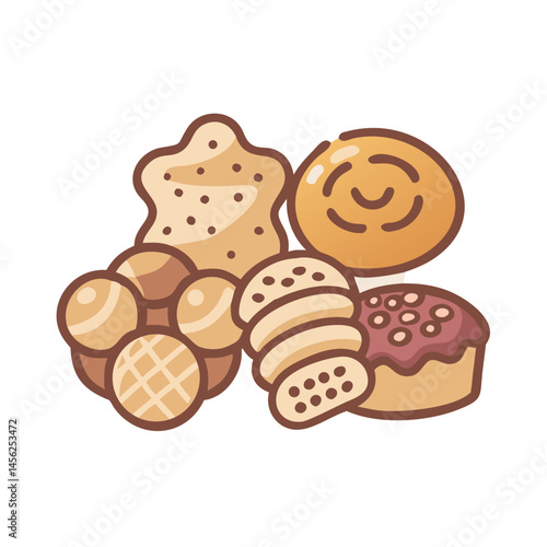 Assorted cookies illustration, cheerful and delightful, in a cute style,

