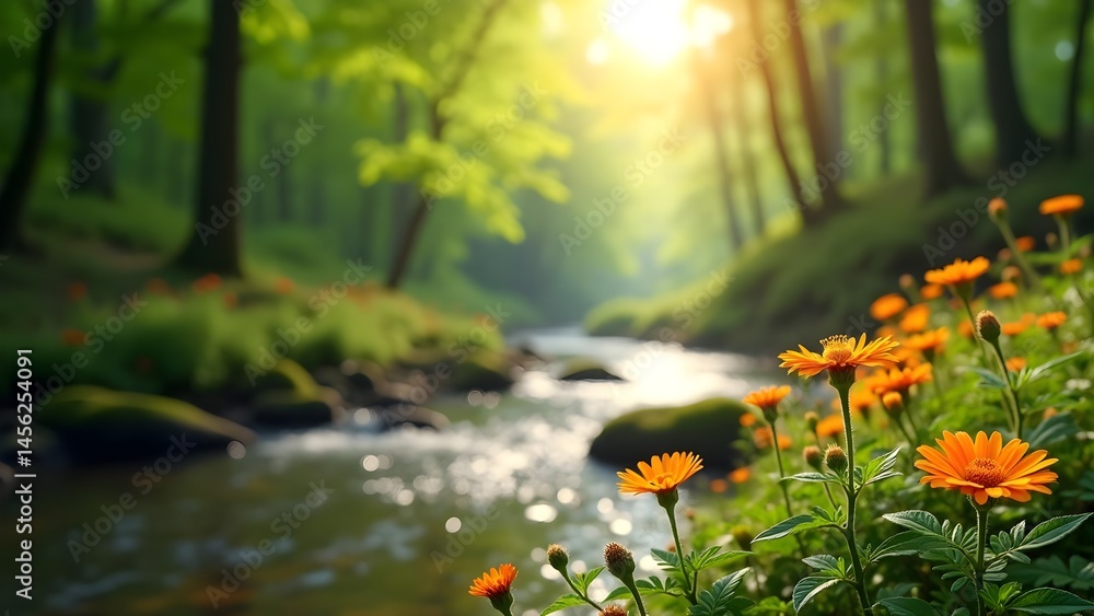 Obraz premium Scenic Forest River with Flowers and Sunlight: A Lush Green Landscape