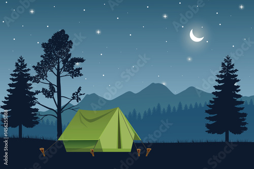 Peaceful Nighttime Camping Scene with a Tent Under a Moon and Starry Sky, Surrounded by Pine Trees and Distant Mountain Ranges. Tranquil Outdoor Adventure Illustration