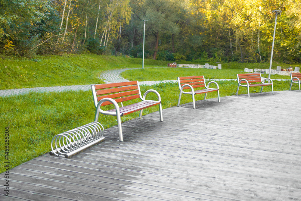 Tranquil Park Scene at Sunrise with Lush Greenery and Peaceful Pathway. High quality photo