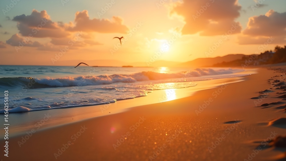 Obraz premium Beautiful beach scenery during sunset. Warm golden light over the ocean waves, tranquil nature landscape.