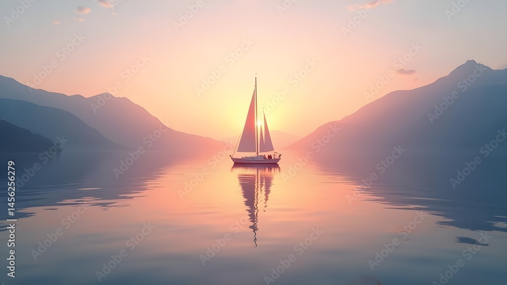 Fototapeta premium Sailing into Serenity: A Yacht on a Calm Lake at Sunset with Mountains