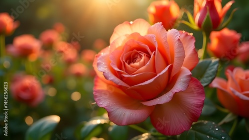 Close-up of a blooming peach rose with water droplets in soft sunlight. Floral nature background
