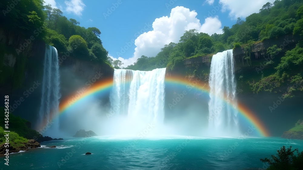 Obraz premium Majestic Waterfall with Rainbow, surrounded by Cliffs and lush vegetation in a tropical landscape