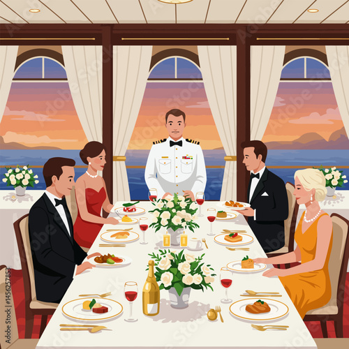 Elegant Dining on Cruise Ship at Sunset with Served Meal