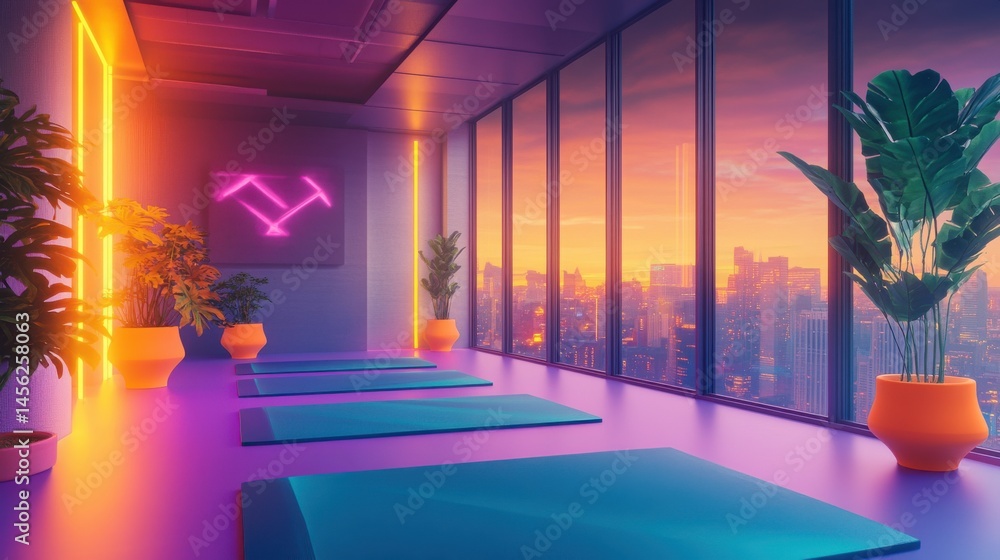 Fototapeta premium Yoga studio with mats and floor-to-ceiling windows overlooking a sunset cityscape