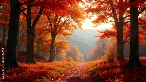 Vibrant Autumn Forest Path with Colorful Foliage and Mountain Vista