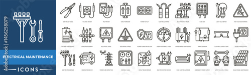 Electrical Maintenance Icon set. Electrical Tools, Voltage Tester, Multimeter, Circuit Breaker, Power Outlet and Electrical Wiring