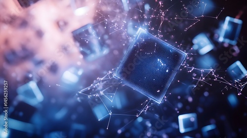 Abstract digital design featuring floating cubes and connections.