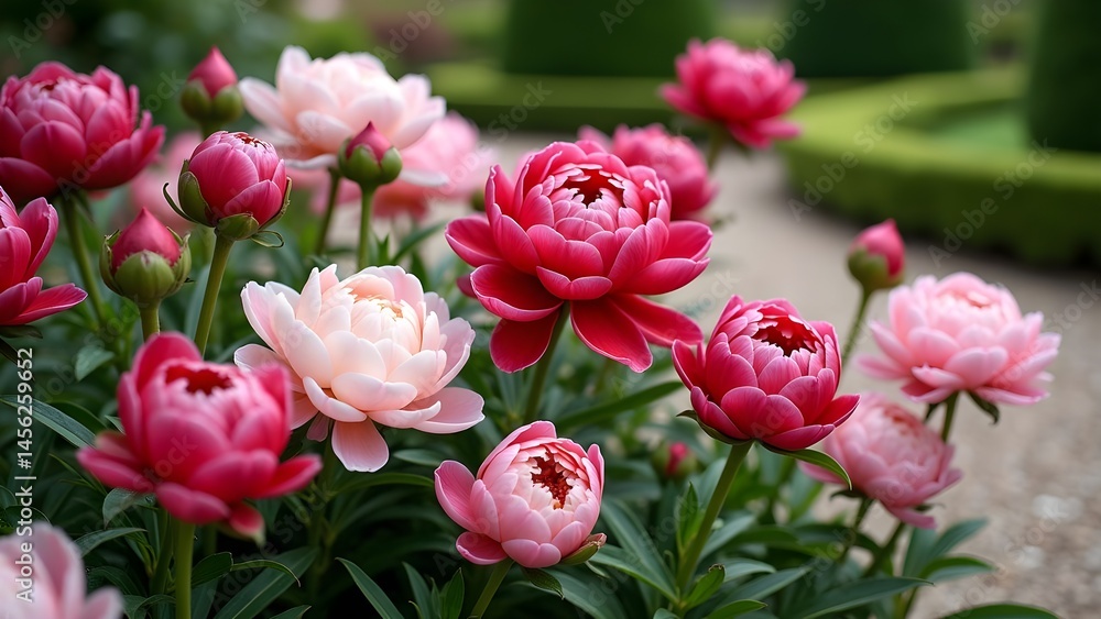 Obraz premium Close-up of vibrant pink and red peonies in full bloom in a lush green garden
