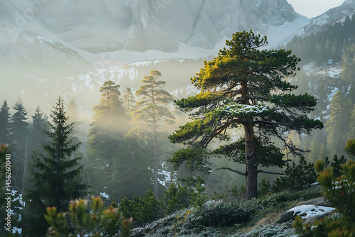Misty mountain forest, sunlit trees, tranquil scene.