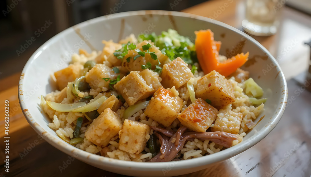 Serving of Asian-Style Fried Rice with Tofu and Vegetables Serving of Asian-Style Fried Rice with Tofu and Vegetables