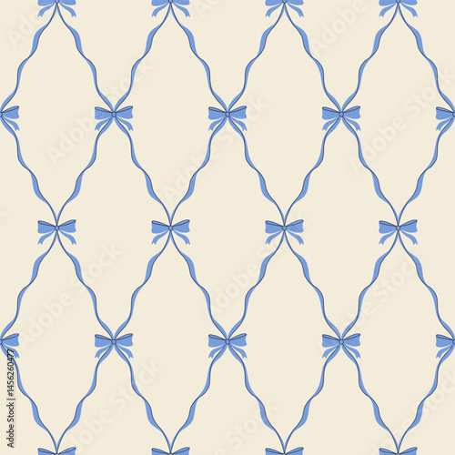 Coquette bows lattice seamless pattern. Cute charming hand drawn vector print. A whimsical mix of vintage, Y2K and romantic styles, perfect for greeting cards, gifts, fashion, and celebration designs.