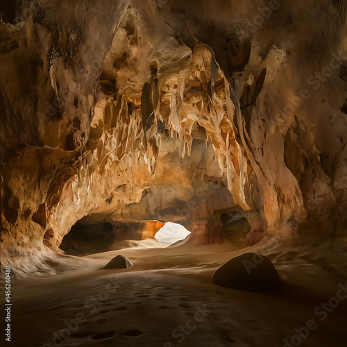 Cave interior, dramatic light and shadow. A vast, earthy space.