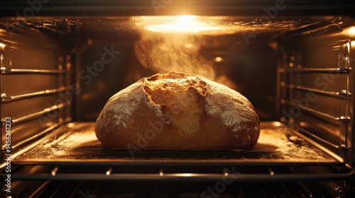 Loaf of bread baking in an oven, viewed through oven glass with glowing interior light