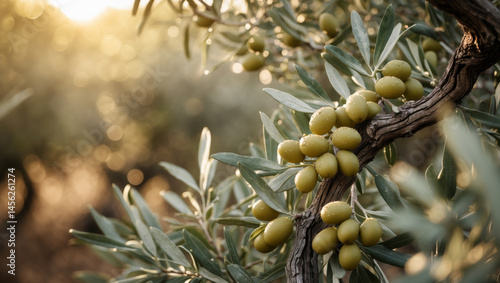 A beautiful close-up of an olive tree branch, laden with ripe green olives in sunlight.