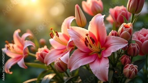 Pink Lilies and Tulips in Golden Sunlight: A Botanical Garden Close-Up 