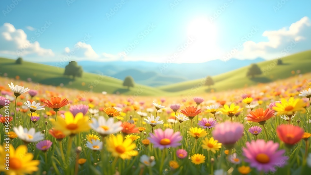 Lush Flower Meadow with Rolling Hills and Clear Sky on a Sunny Day Lush Flower Meadow with Rolling Hills and Clear Sky on a Sunny Day