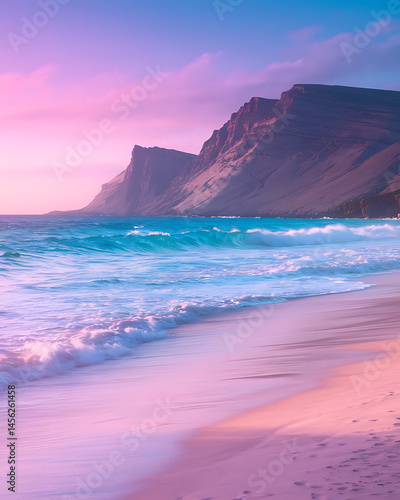 Coastal scene, vibrant colors, tranquil waves.